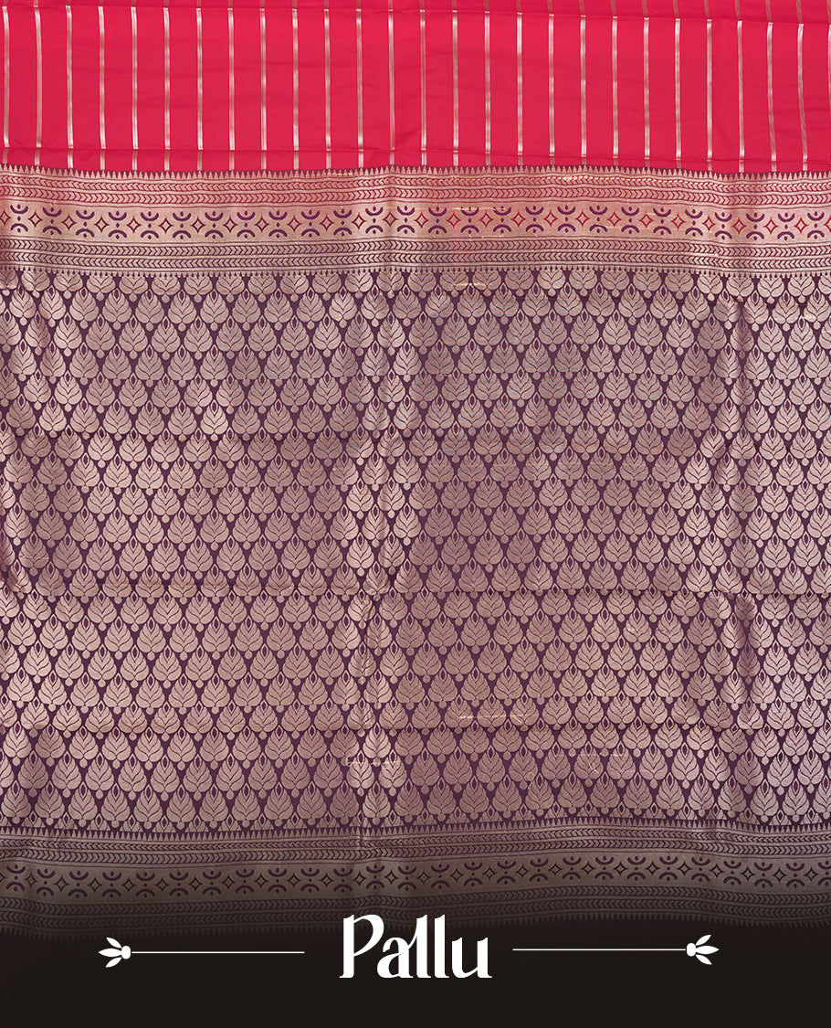 Raspberry Pink Colour Semi Silk Saree with Silver Horizontal Striped Body, Contrasting Deep Purple Silver Zari Pallu & Border, Traditional Leaf Motifs, and Matching Blouse Piece