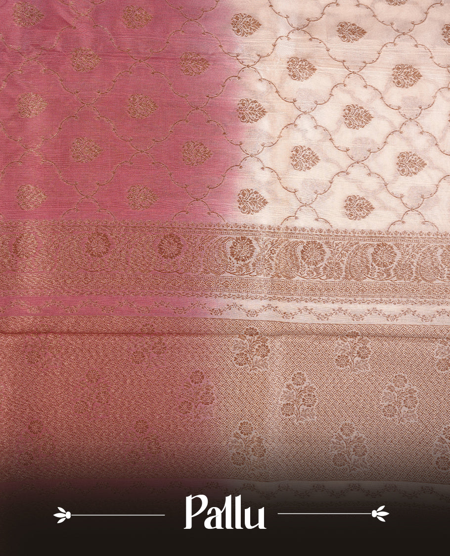 Cream colour semi tussar Banarasi saree featuring Antique zari motifs on body, Paired bya contrast dusty pink colour border, and a matching blouse piece.