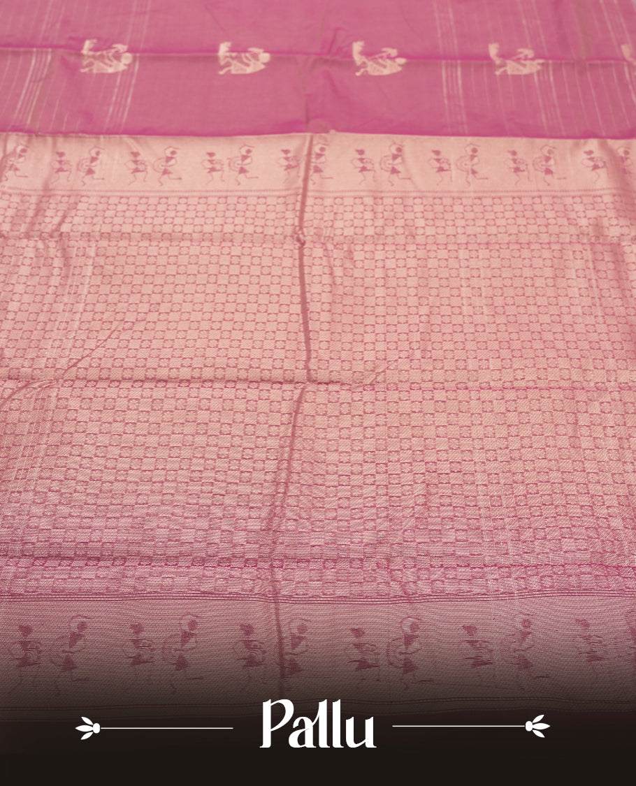 Rose Mauve and Royal Purple Colour silk cotton saree with Warli dancer pallu, subtle pinstripes and pastoral buttas on the body, floral zari border along the purple edge, and a coordinated Rose Mauve blouse with border.