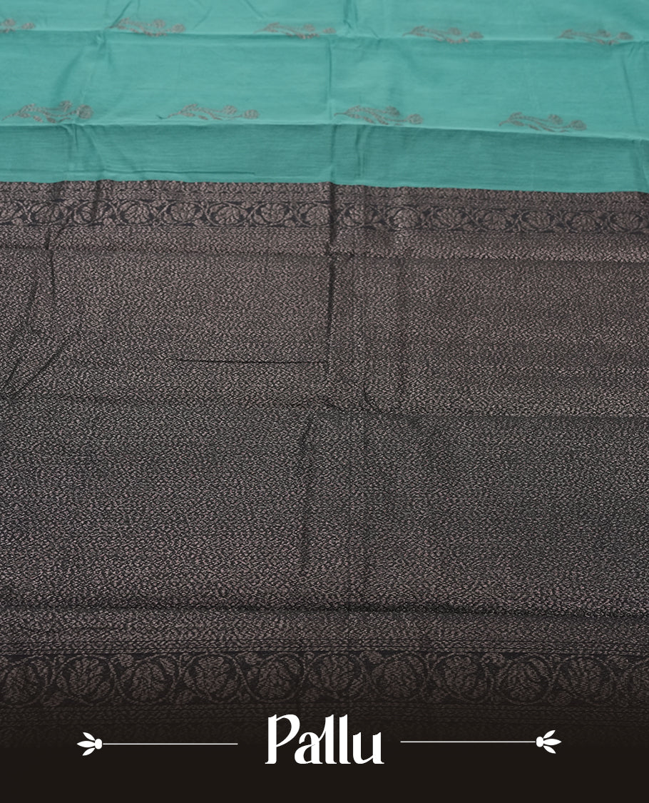 Teal Colour Silk Cotton Saree with Silver Floral Butta Body, Contrasting Silver Zari Pallu & Border, Floral Vine Motifs, and Matching Plain Woven Blouse Piece