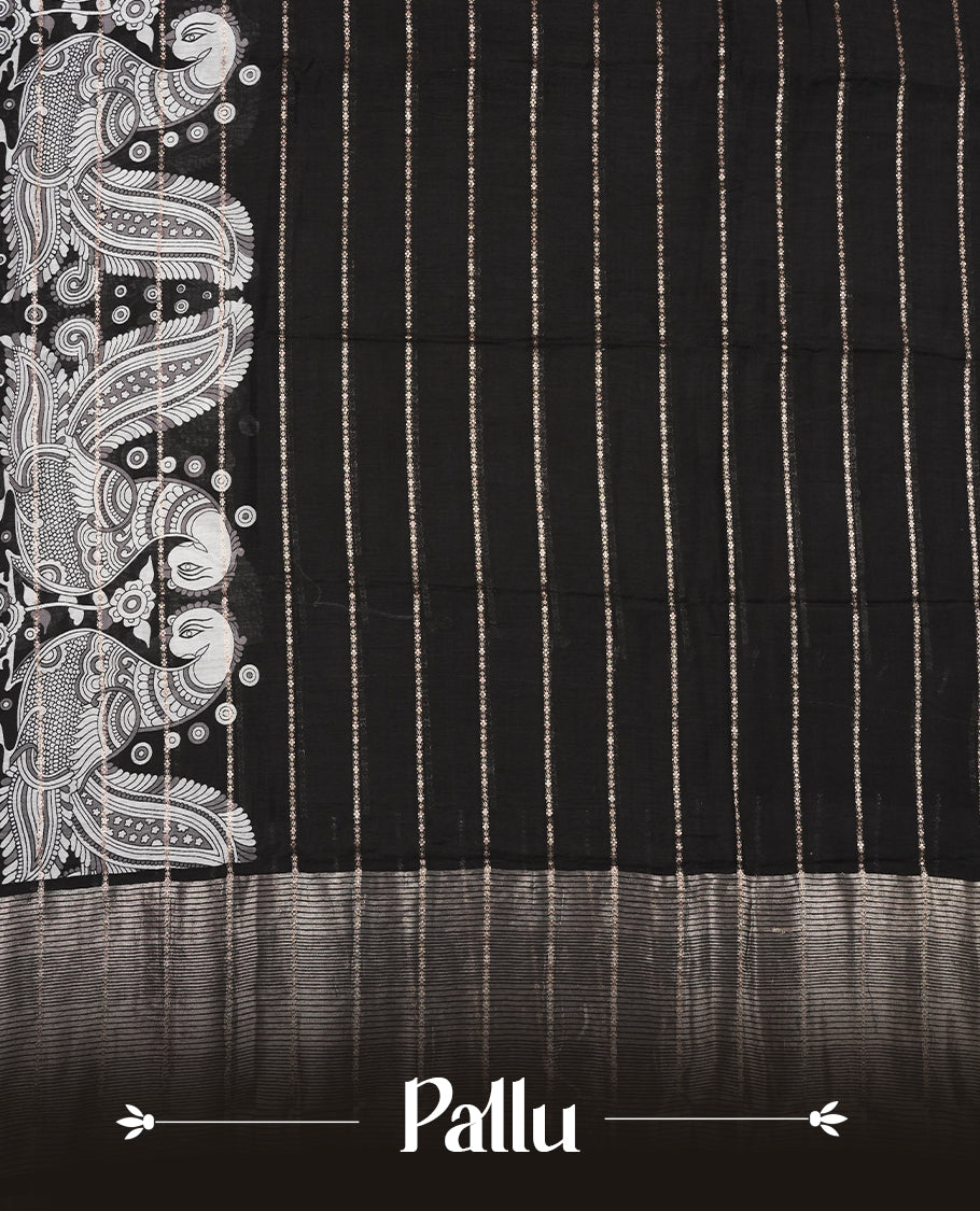 Black colour chanderi silk saree with gold zari strip pattern On body, compilmented by self colour border with antique zari pattern & white peacock print pattern and a matching blouse.