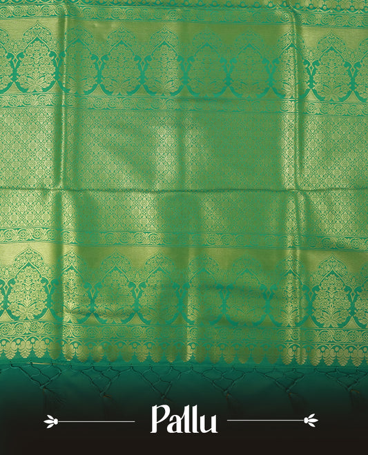 Green colour semi soft silk saree featuring an all-over woven leaf pattern in gold colour, finished with a matching border adorned with detailed paisley and floral motifs, and a matching blouse piece.