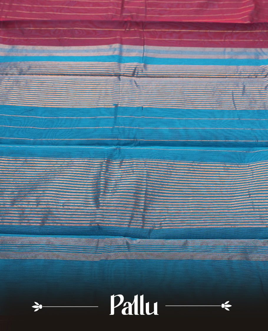 Burgundy Silk Cotton Saree with Red Zari Striped Body, Accented by Pink and Blue Striped Zari Border on Red Pallu, Paired with Matching Blouse Piece