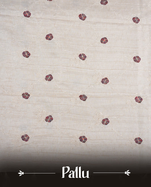 Cream colour semi tuseer silk saree featuring with Self colour thread embroidery kodi pattern & brown colour floral thread motifs all over body, pallu, and paired with matching blouse piece.