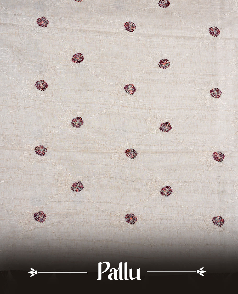 Cream colour semi tuseer silk saree featuring with Self colour thread embroidery kodi pattern & brown colour floral thread motifs all over body, pallu, and paired with matching blouse piece.