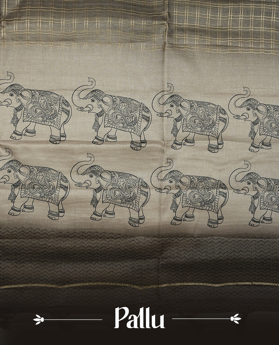 Green colour semi tusser silk saree featuring Gold zari check pattern across body, faded contrast cream colour border with elephant print and paired with matching blouse.