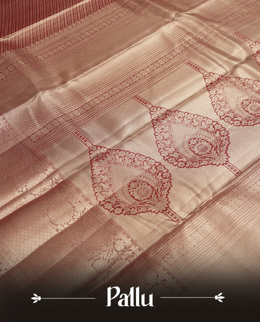 Brick red colour and Antique gold Zari Tissue Brocade Saree features intricate line Motifs on body and traditional border & pallu , paired with matching blouse