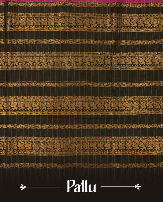 Grape coloured mixed Kalyani cotton saree featuring golden zari checks on the body, complemented by a black coloured border and pallu adorned with golden zari patterns, Paired with a matching blouse.