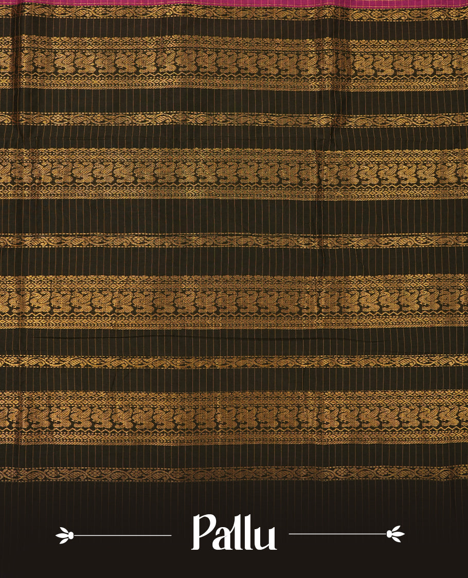 Grape coloured mixed Kalyani cotton saree featuring golden zari checks on the body, complemented by a black coloured border and pallu adorned with golden zari patterns, Paired with a matching blouse.