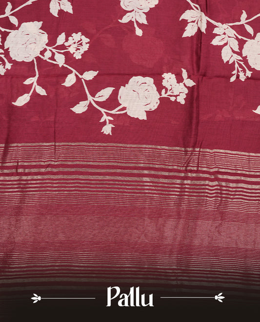 Brick Red colour Viscos semi printed saree featuring a light golden zari border, abstract off white printed motifs on the body, and comes with a matching blouse