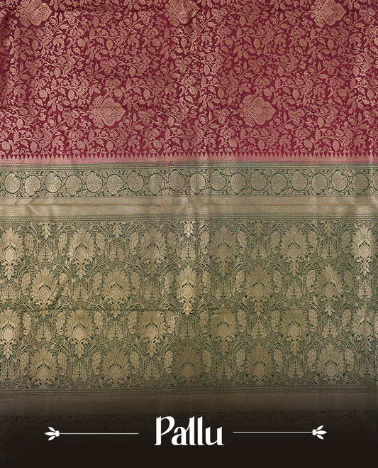 Deep Brown colour semi silk brocade saree featuring intricate Gold Floral kodi patterns across the body, complemented by a contrast rich dark green colour woven border and pallu, paired with a matching blouse.