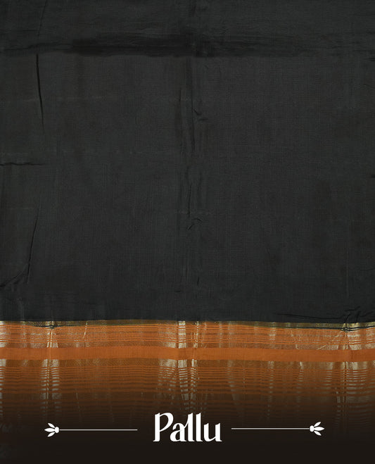 Black chanderi cotton saree featuring plain body, mustard orange pallu with gold zari border, matching mustard orange blouse.