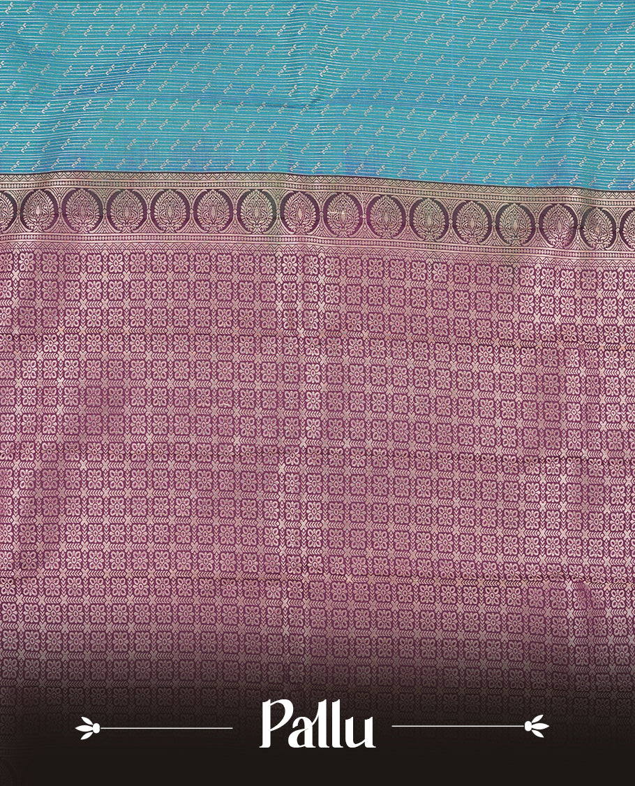 Teal Blue Colour Semi Silk Saree with Silver Diagonal Striped Butta Body, Self Coloured Silver Zari Pallu & Border, Paisley Motifs, and Matching Blouse Piece