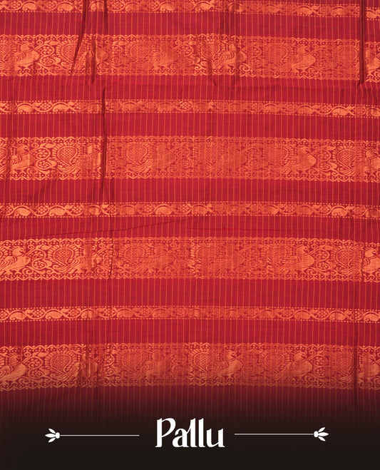 Lavender coloured mixed Kalyani cotton saree featuring copper zari checks on the body, complemented by a red coloured border and burnt red colourpallu adorned with copper zari patterns, Paired with a matching blouse.