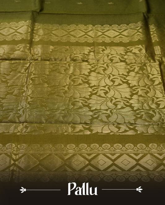 Olive green colour pure handloom cotton saree featuring fine golden stripes with delicate motifs, paired with a rich zari border for a traditional yet elegant look, perfect for graceful occasions & Comes with matching blouse.