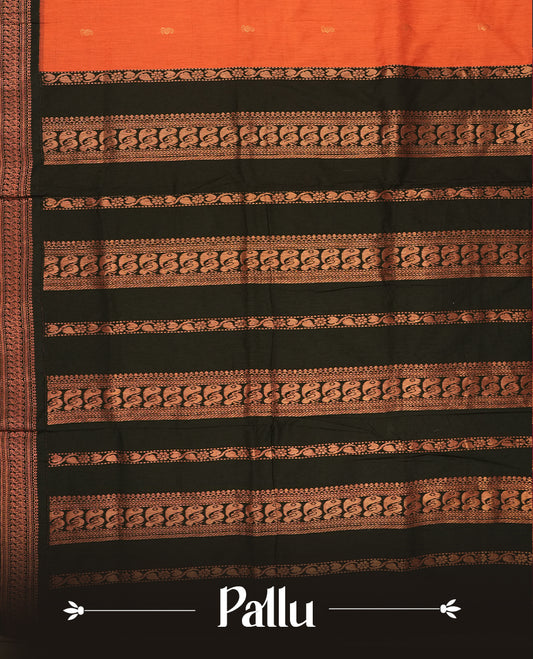 Orange colour Kalyani Cotton saree with rich black border and pallu, featuring copper zari peacock motifs and intricate weaving & Includes a matching blouse piece.