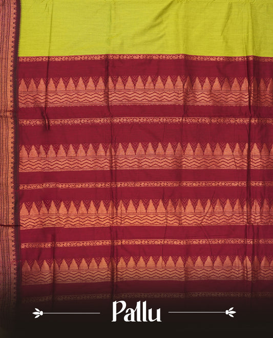 Lemon green colour Kalyani Cotton saree with rich maroon colour border with temple motifs on  pallu, featuring copper zari and intricate weaving & Includes a matching blouse piece.