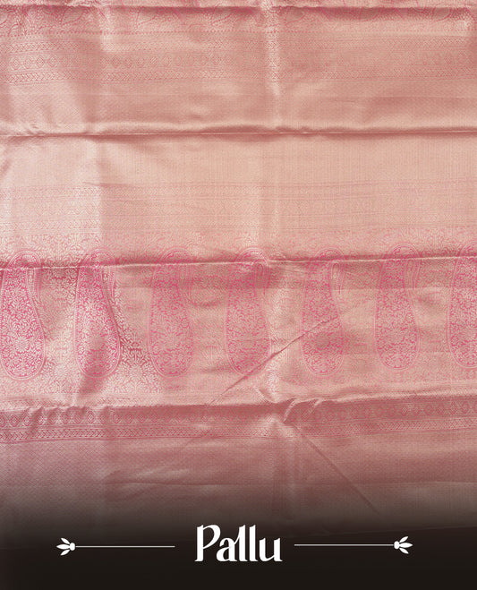 Light pink colour and gold Zari Tissue Brocade Saree features intricate Leaf Motifs on body and self coloured border & pallu, paired with matching blouse