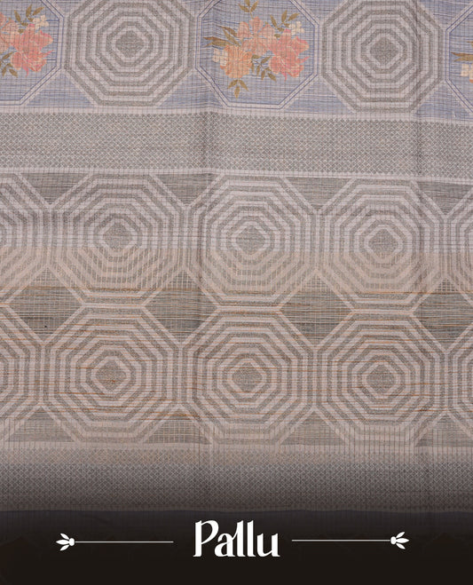 Green colour semi tussar silk saree, featuring subtle hexagonal geometric patterns across the body, a textured pallu with fine detailing, and finished with a matching blouse.