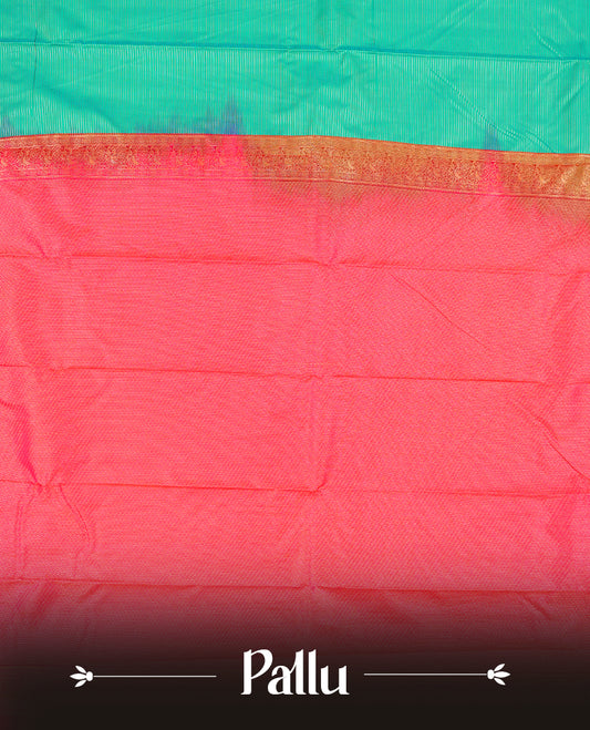 Teal Green Colour Semi Silk Saree with Self Textured Striped Body, Contrasting Coral Pink Golden Zari Pallu & Border, Traditional Paisley Motifs, and Matching Blouse Piece