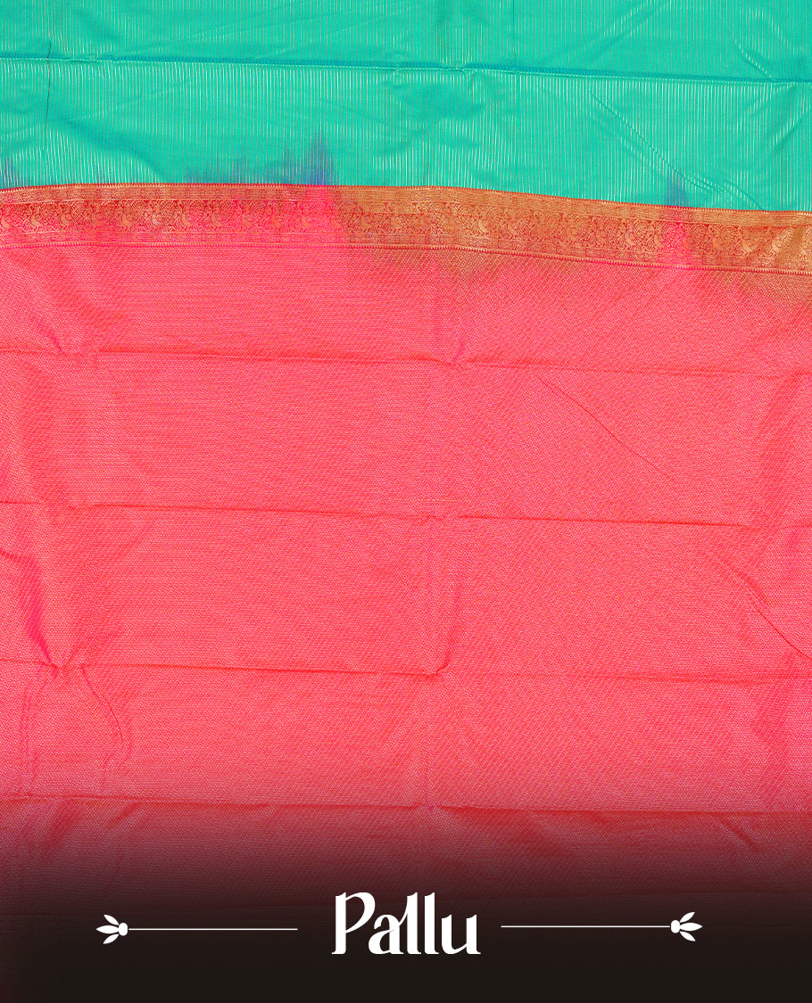 Teal Green Colour Semi Silk Saree with Self Textured Striped Body, Contrasting Coral Pink Golden Zari Pallu & Border, Traditional Paisley Motifs, and Matching Blouse Piece