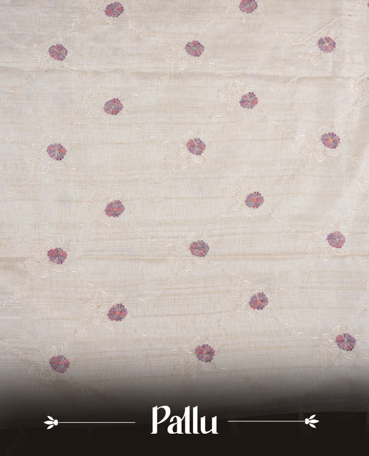 Cream colour semi tuseer silk saree featuring with Self colour thread embroidery kodi pattern & multicolour floral thread motifs all over body, pallu, and paired with matching blouse piece.