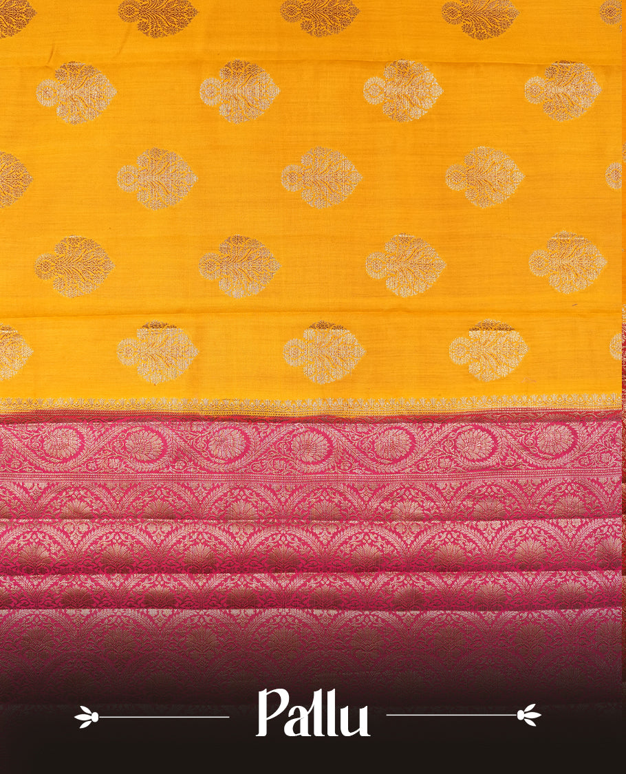 Mustard Colour Pure Banaras soft Silk Saree having gold floral motifs on Body with contrast Dark pink colour gold floral kodi pattern on Border and matching Blouse