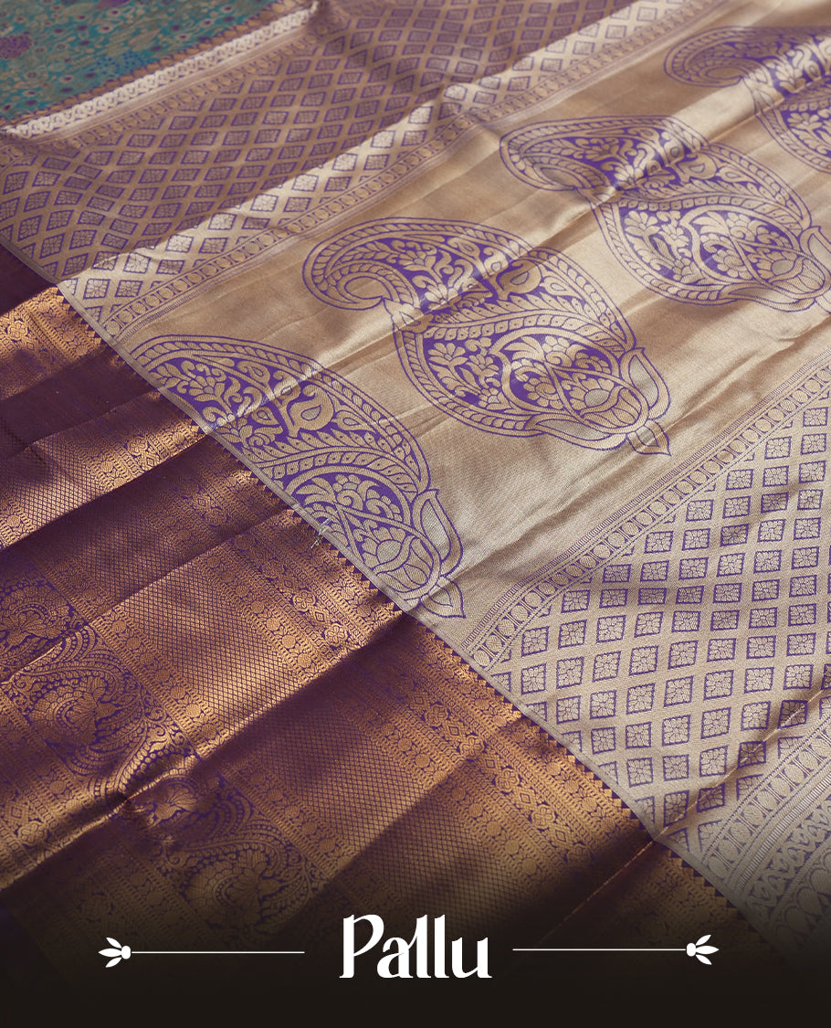 Sky blue colour and Antique gold Zari Tissue Brocade Saree features intricate coloured floral Motifs on body and a blue colour with traditional border & pallu, paired with matching blouse