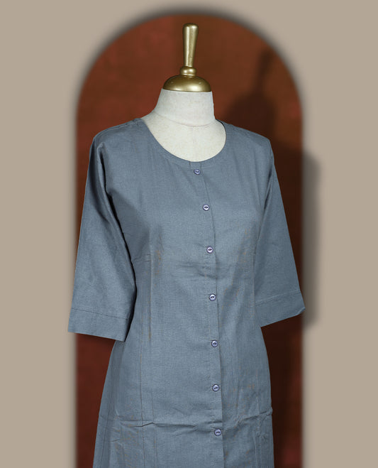 Grey colour cotton coord set featuring a button down kurta with 3/4 sleeves and matching straight pants.