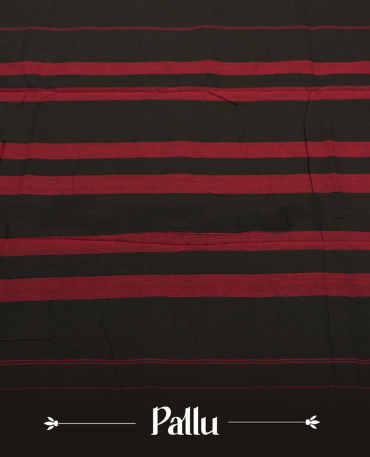 Black colour Narayanapattu cotton saree featuring a plain black body, deep maroon border and pallu, highlighted with fine thread work & Traditional and elegant, this saree comes without a blouse piece.