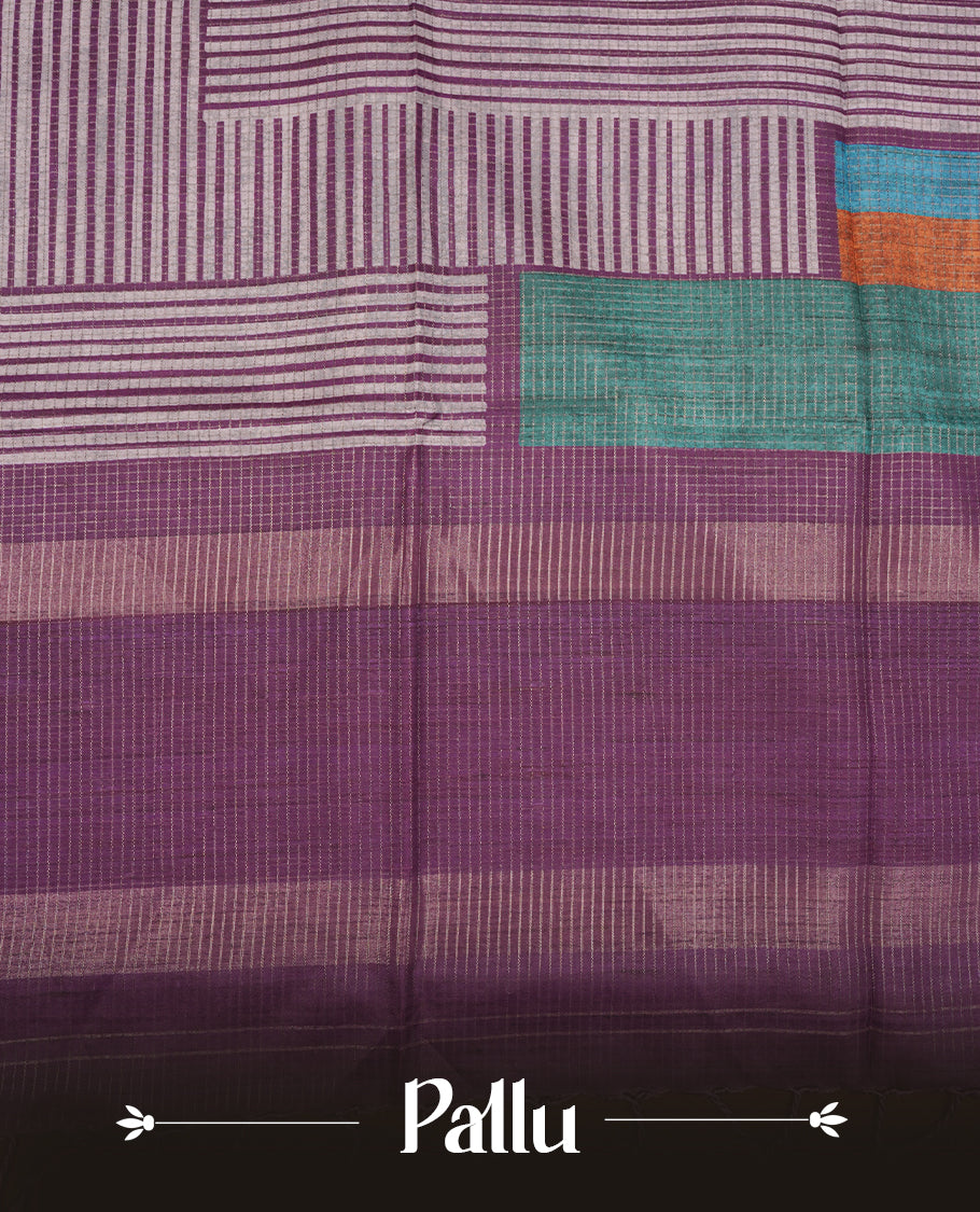 Purple colour semi tussar silk saree featuring zari check pattern across body, self colour border and geometric pattern pallu, paired with matching blouse piece.