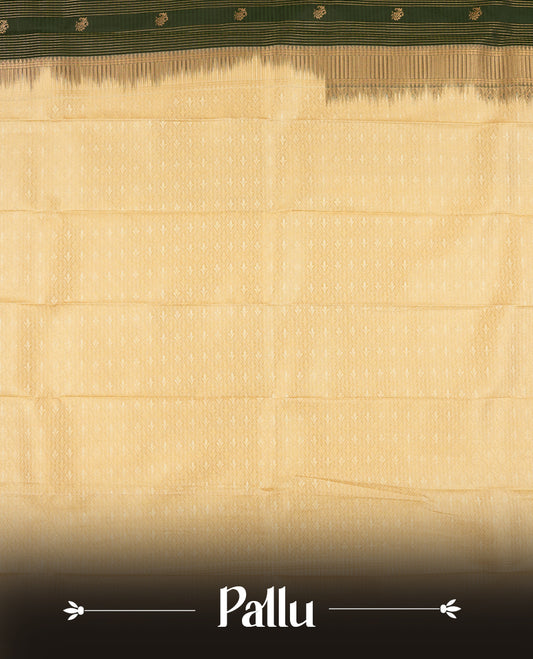 Dark green colour Semi Silk Saree with gold zari striped patterns on the body, paired with a contrasting cream colour traditional pallu and border, and a matching blouse piece.