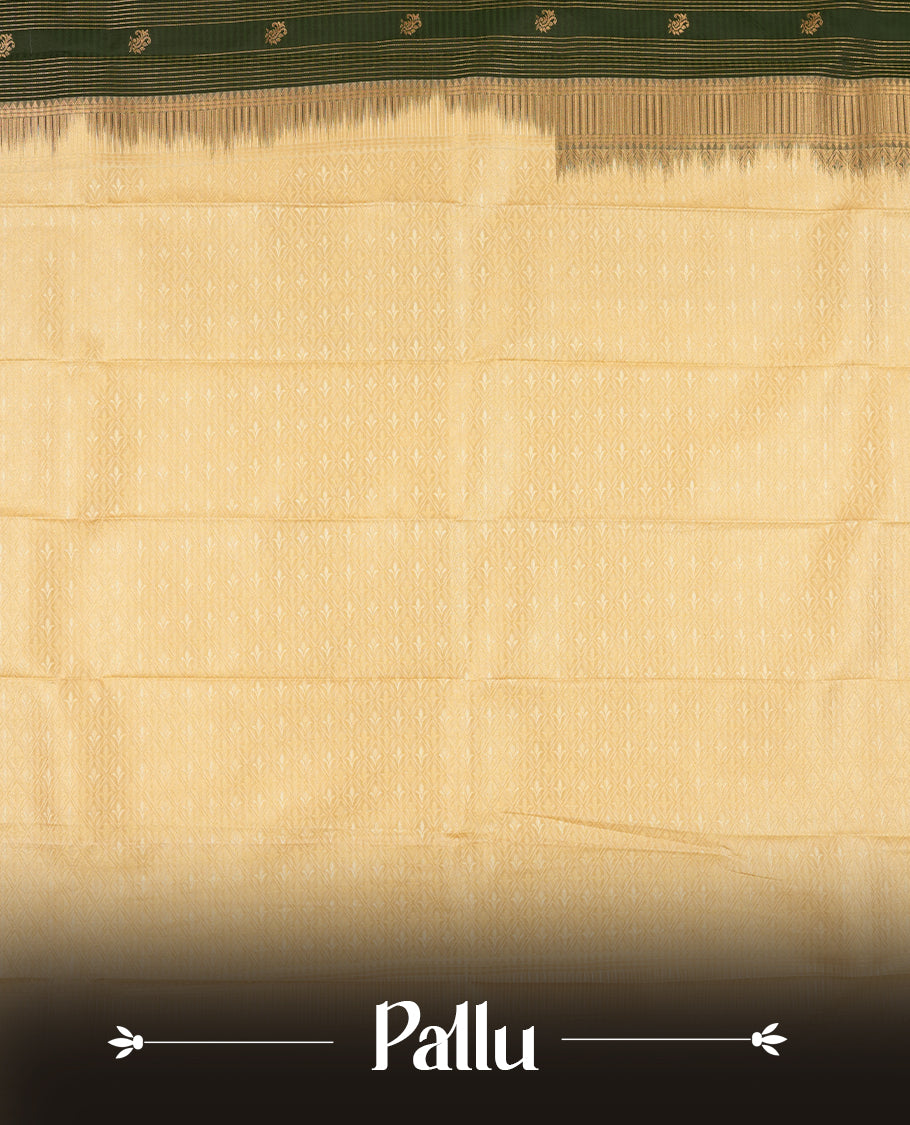 Dark green colour Semi Silk Saree with gold zari striped patterns on the body, paired with a contrasting cream colour traditional pallu and border, and a matching blouse piece.