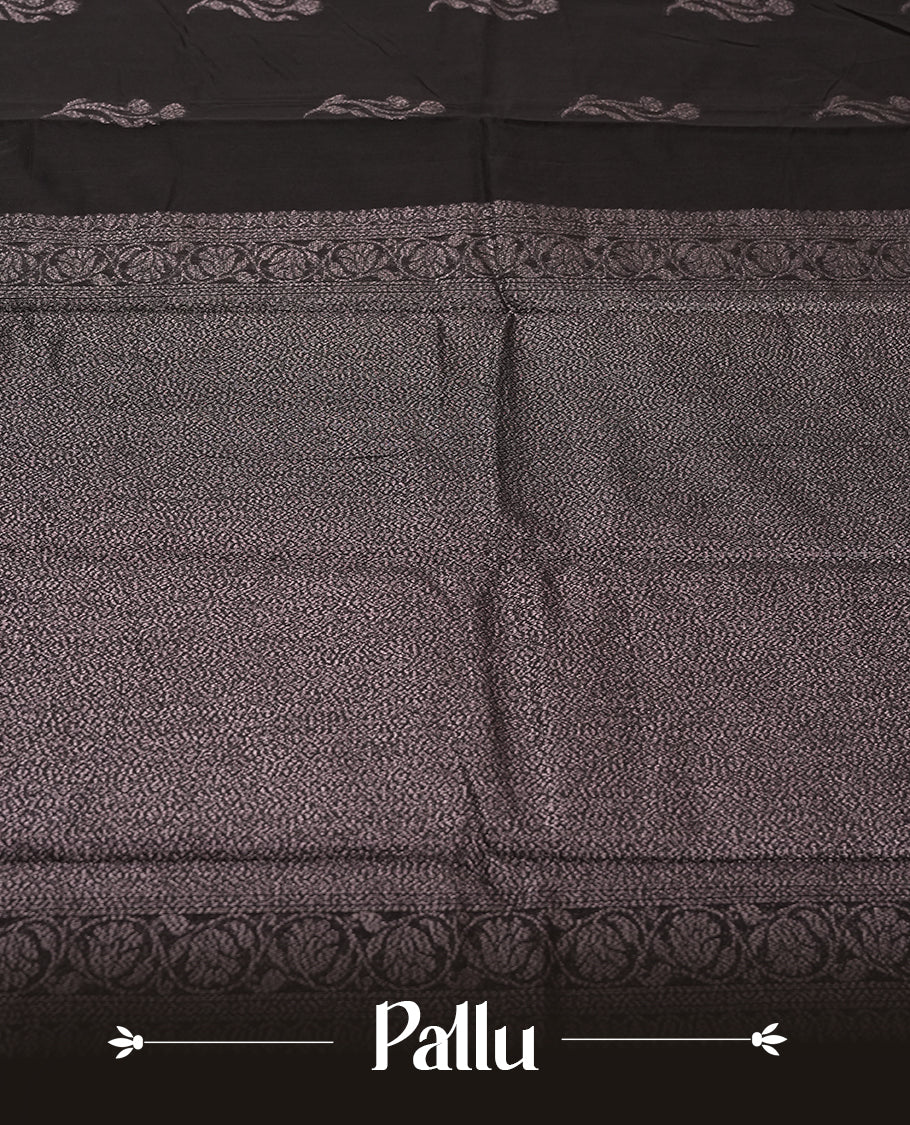 Black Colour Silk Cotton Saree with Rose Gold Floral Butta Body, Rose Gold Zari Pallu & Border, Floral Vine Motifs, and Matching Plain Woven Blouse Piece