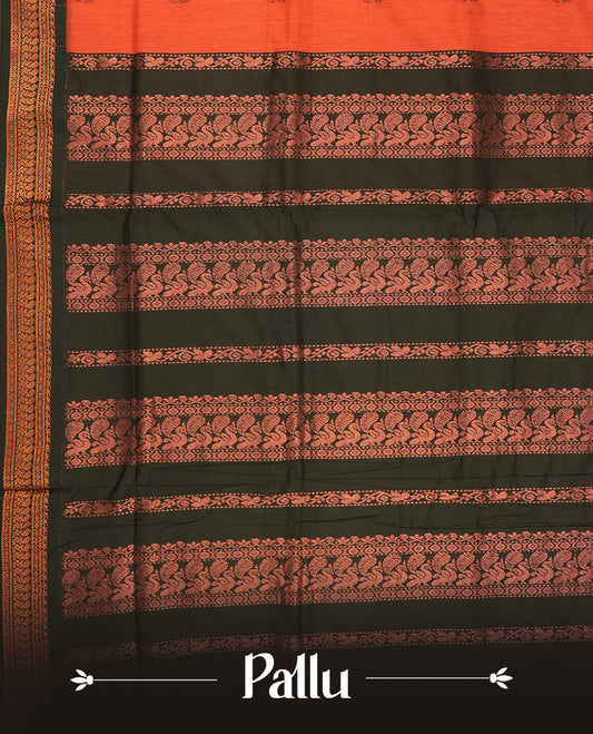 Burnt orange colour Kalyani Cotton saree with delicate woven zari black motifs all over, paired with a contrasting black border and pallu intricately woven with rich copper zari & Comes with a matching blouse piece.