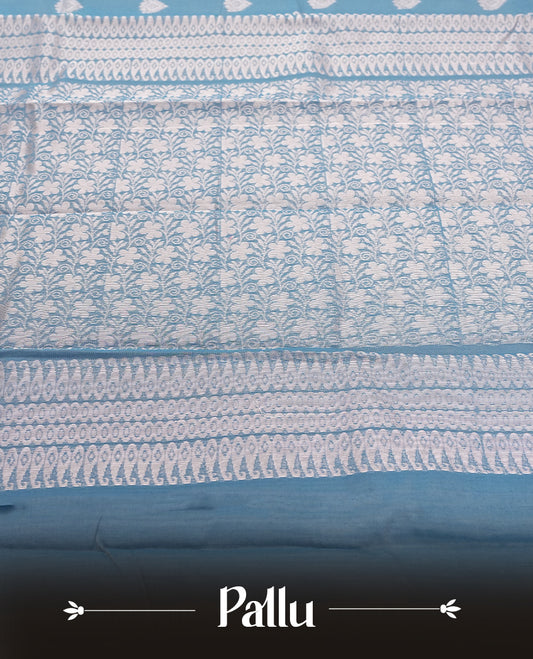 Sky Blue Silk Cotton Saree with Silver Butta Body, Accented by Silver Zari Ornamental Border on Grand Pallu, Paired with Matching Blouse Piece