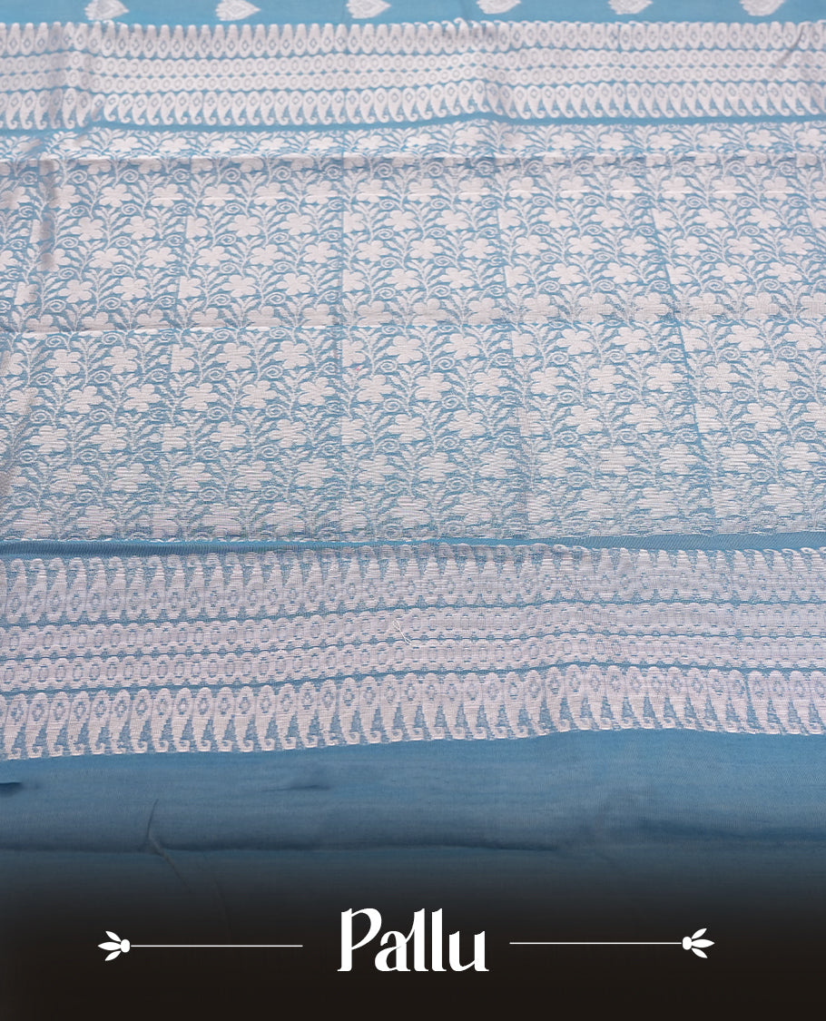 Sky Blue Silk Cotton Saree with Silver Butta Body, Accented by Silver Zari Ornamental Border on Grand Pallu, Paired with Matching Blouse Piece