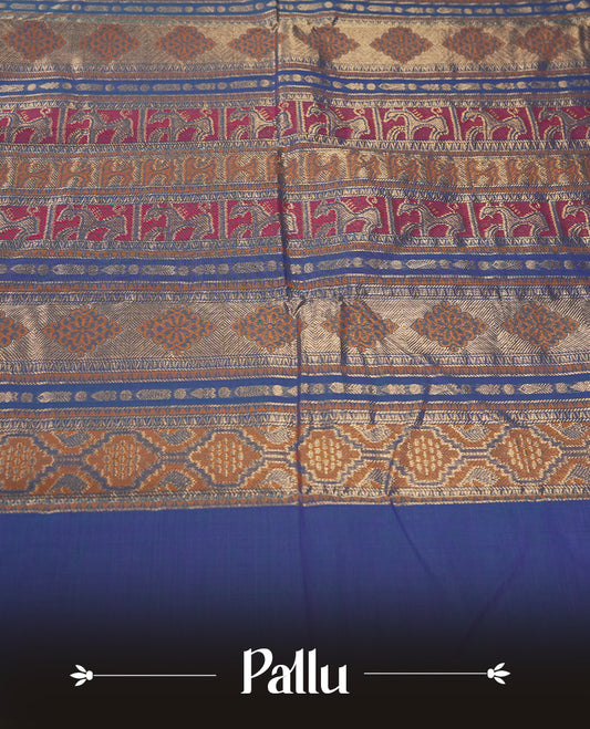 Blue & Purple Double shaded colour pure Kanchi cotton saree with subtle buttas, enhanced by a contrasting green border with rich silver zari wor & Paired with a matching blouse, it offers an elegant and traditional appeal for any occasion.