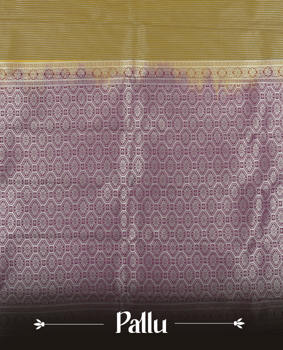 Dark khaki colour Semi Silk Saree with silver zari patterns on the body with self coloured, paired with a contrasting dark violet colour traditional pallu and a matching blouse piece.