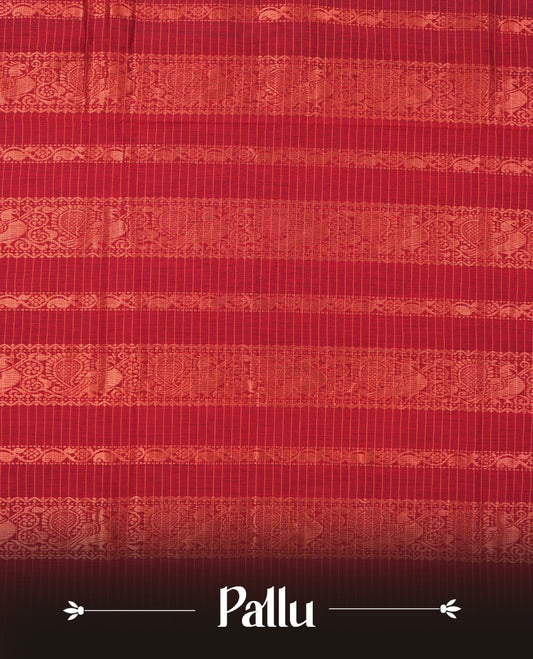 Royal Blue coloured mixed Kalyani cotton saree featuring copper zari checks on the body, complemented by a Dark red coloured border and pallu adorned with copper zari patterns, Paired with a matching blouse.