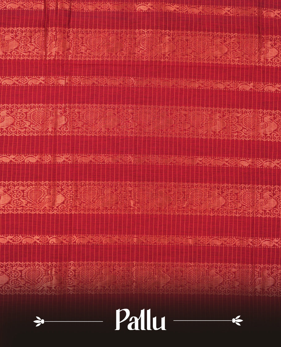 Royal Blue coloured mixed Kalyani cotton saree featuring copper zari checks on the body, complemented by a Dark red coloured border and pallu adorned with copper zari patterns, Paired with a matching blouse.