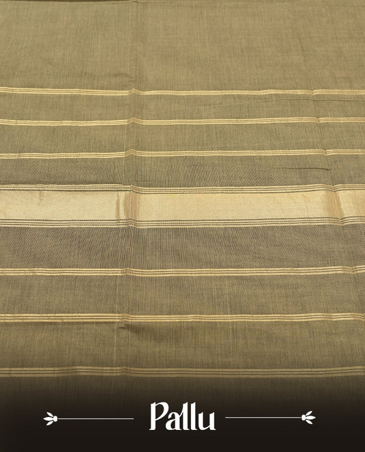 Olive Grey Colour silk cotton saree with broad temple-red zari border featuring peacocks and elephant motifs, subtle gold-striped pallu, and a plain olive grey blouse with the same rich zari border.