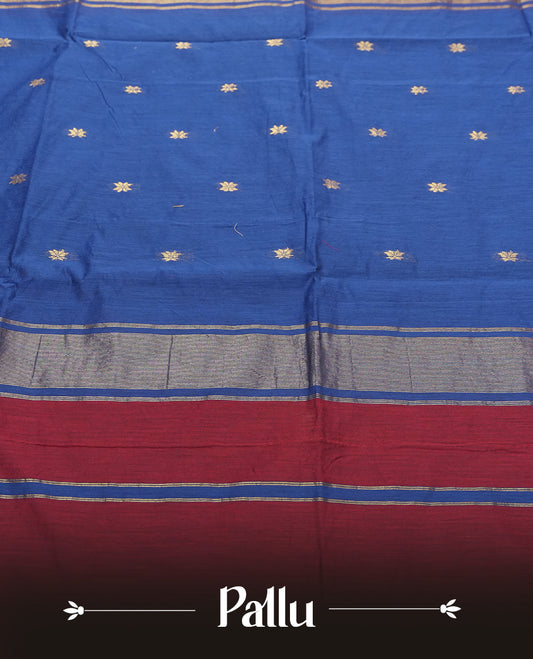 Red Silk Cotton Saree with Gold Floral Buttas Body, Accented by Gold Zari Border on Navy Blue and Red Striped Pallu, Paired with Matching Blouse Piece