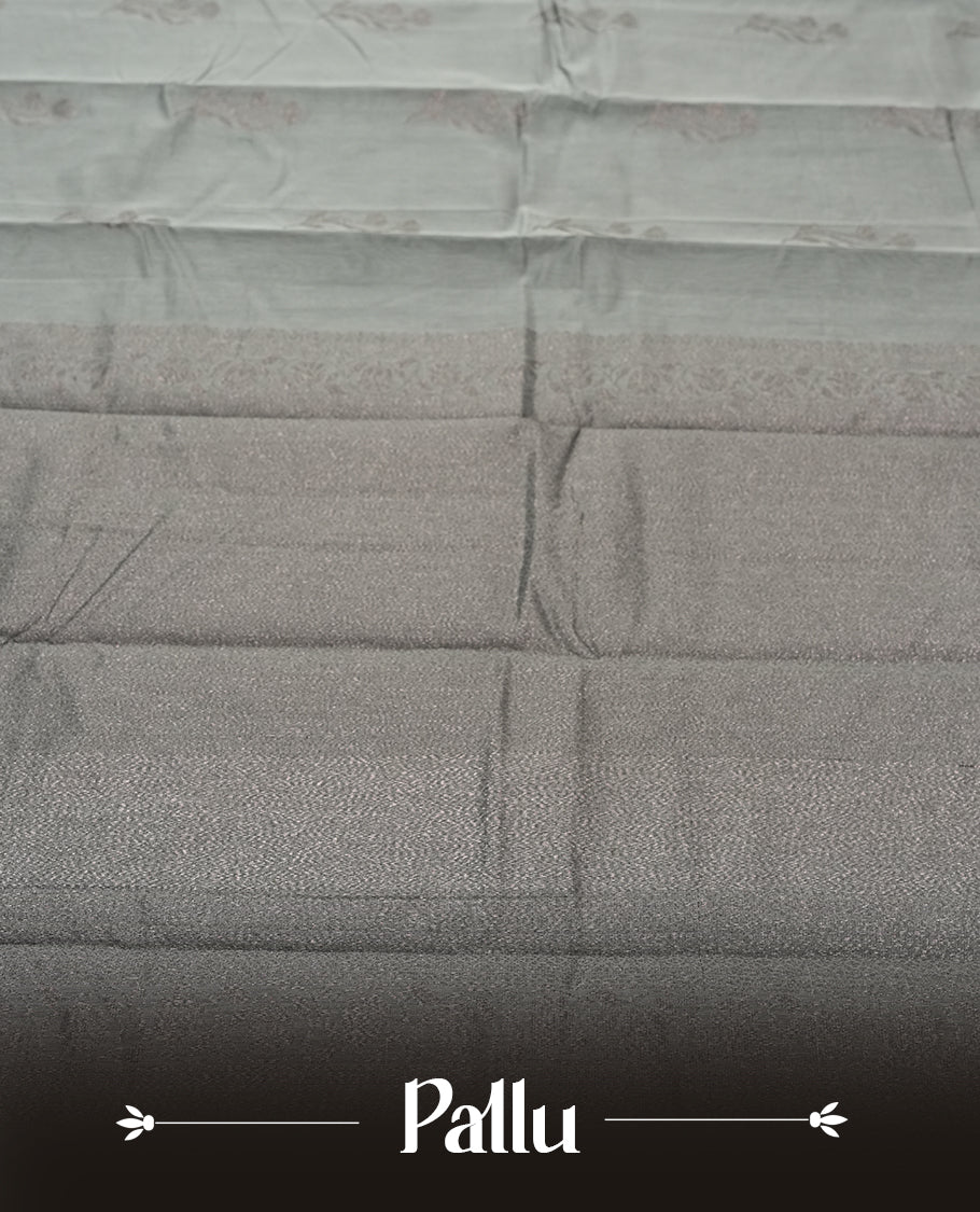 Dove Gray Colour Silk Cotton Saree with Dark Silver Leaf Butta Body, Contrasting Black Silver Zari Pallu & Border, Geometric Patterns, and Matching Plain Woven Blouse Piece