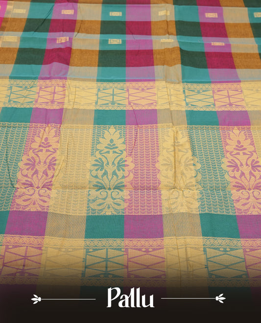 Multi-Colour Checkered Silk Cotton Saree with Golden Zari Butta Body, Contrast Golden Zari Pallu & Border, Floral and Peacock Motifs, and Matching Striped Blouse Piece