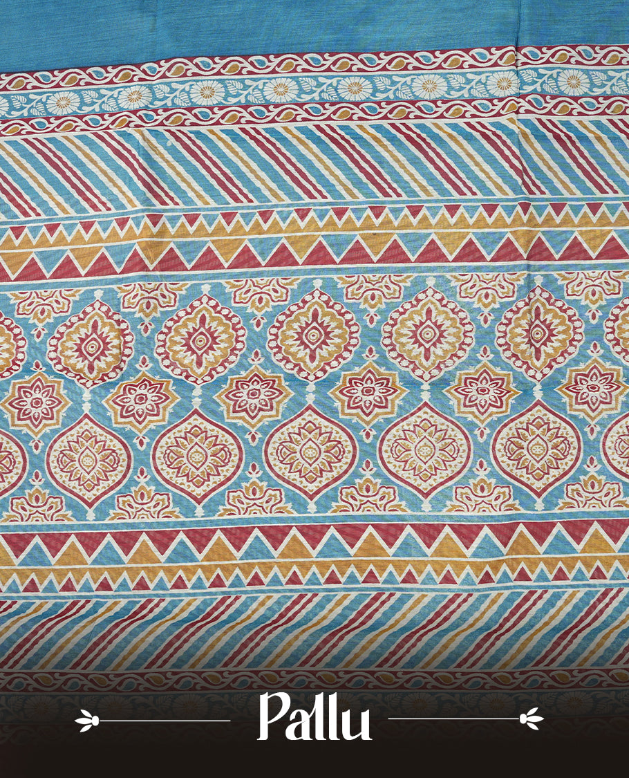 Teal blue colour mixed chanderi cotton saree with plain body, multicolor striped and geometric pallu with triangle patterns, maroon and golden zari border, and matching maroon blouse.