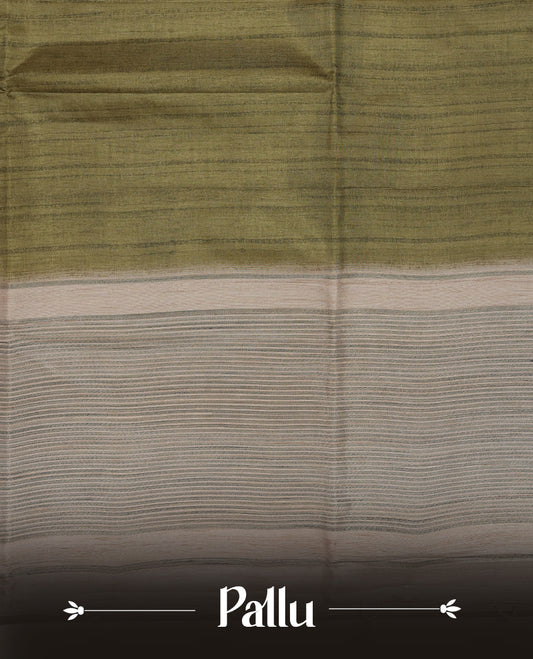 Green colour semi tusser silk saree featuring contrast cream colour London bridge printed pattern border and paired with matching blouse.