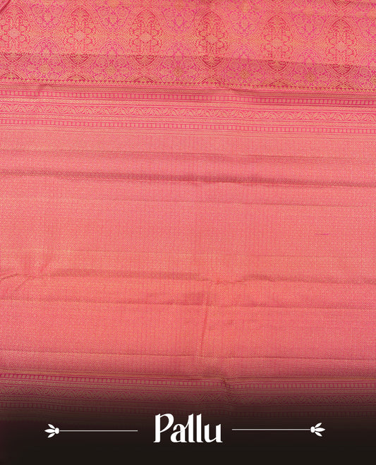 Magenta purple colour Kanchipuram Samudrika Silk Saree featuring Floral kodi pattern weaving with gold zari jacquard and a traditional Kanchipuram zari border, paired with a matching designer jacquard blouse piece