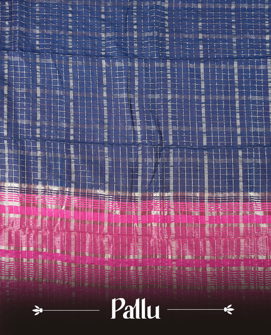 Navy blue colour mixed chanderi cotton saree with zari checkered body, rose gold zari border, magenta-pink pallu with checks, and matching magenta blouse.