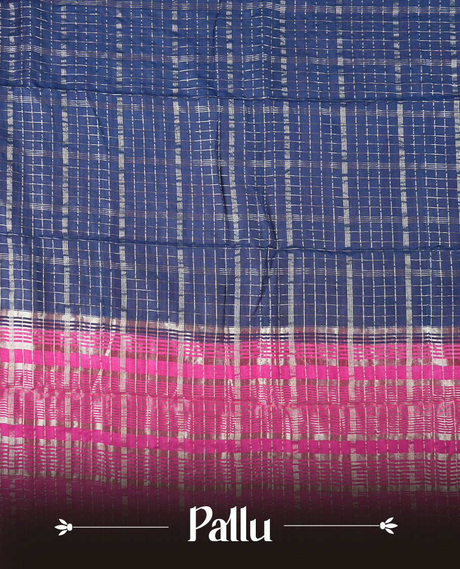 Navy blue colour mixed chanderi cotton saree with zari checkered body, rose gold zari border, magenta-pink pallu with checks, and matching magenta blouse.